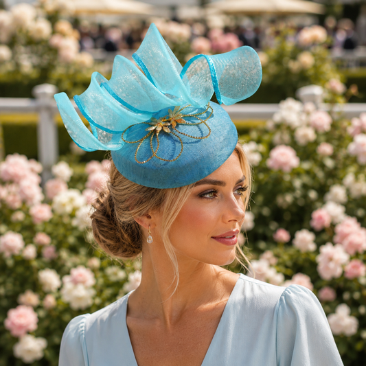Light Blue Hat with aqua blue trim- Wedding Hat -Fashions on the field- Mother of the Bride hat-
