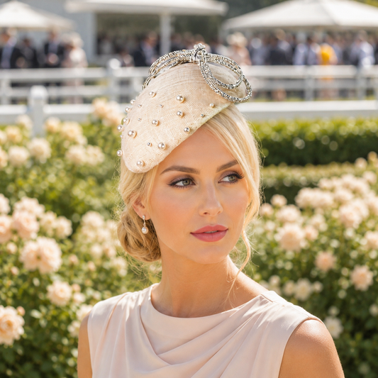 Ivory Hat Silver bows Design hat, Christening Fascinator, Wedding Races Ladies Day