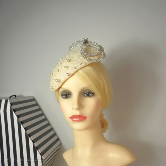 Ivory Hat Silver bows Design hat, Christening Wedding Races Ladies Day