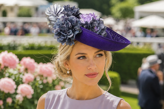 Purple Floral Fascinator Hat, Wedding Ascot Derby Headpiece, Purple Lilac Sinamay Hat