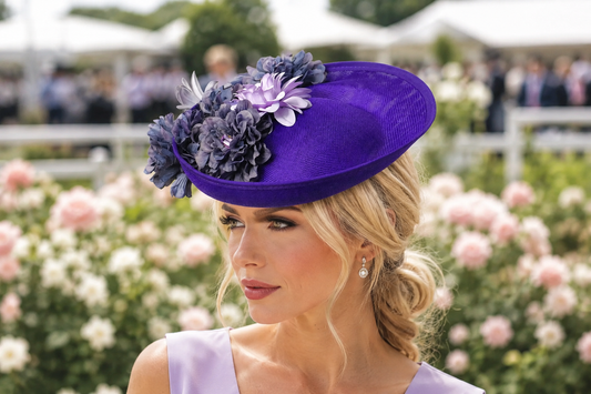 Purple Floral Fascinator Hat, Wedding Ascot Derby Headpiece, Purple Lilac Sinamay Hat