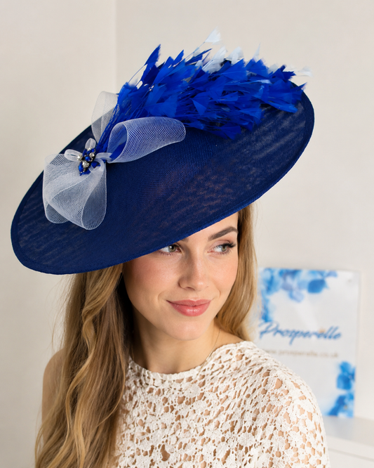 Royal Blue Sinamay Hatinator, Wide Brim Fascinator Hat, Large Ascot Hat
