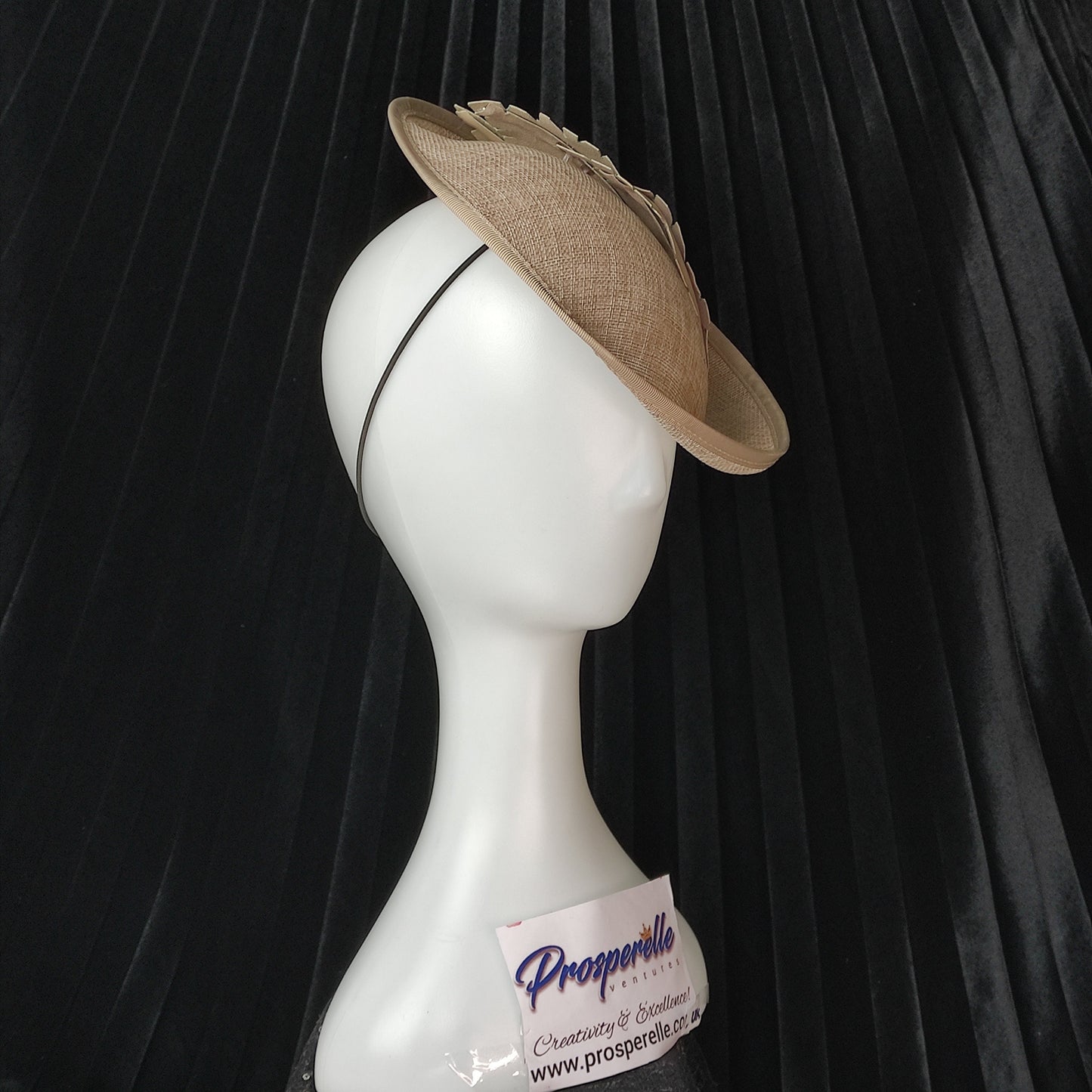 Light Toffee Hat- Medium Turn Up Brim with Faux Leather Feather design- Wedding Hat