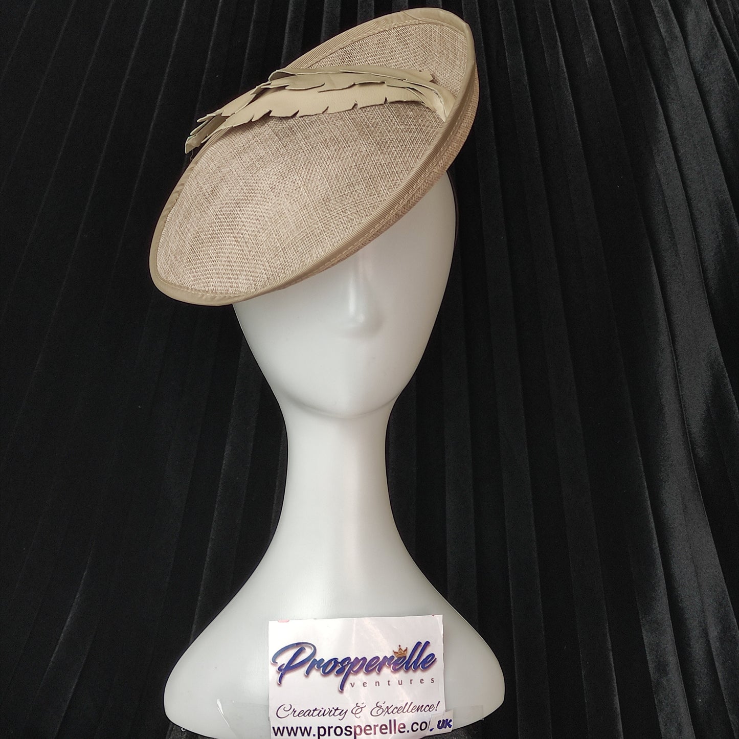 Light Toffee Hat- Medium Turn Up Brim with Faux Leather Feather design- Wedding Hat