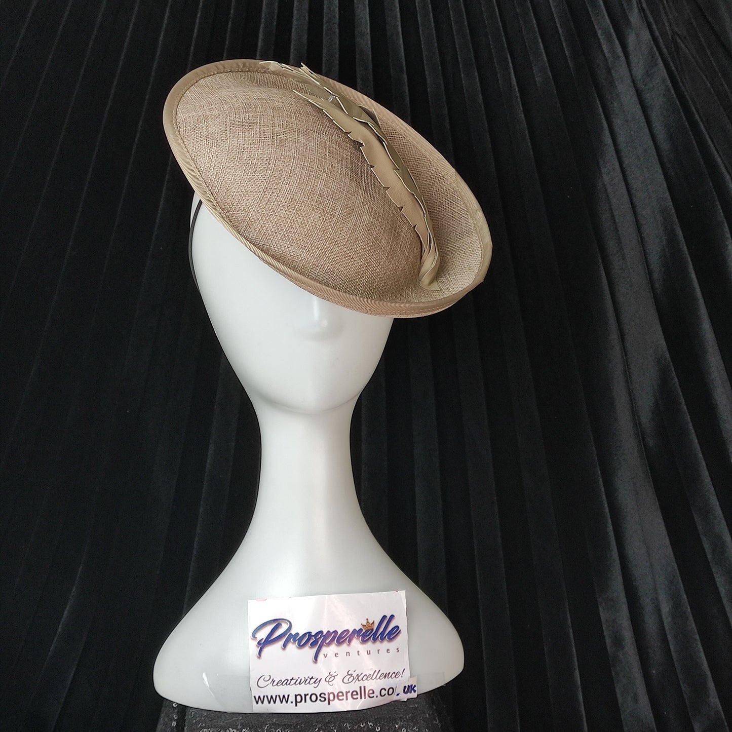 Light Toffee Hat- Medium Turn Up Brim with Faux Leather Feather design- Wedding Hat