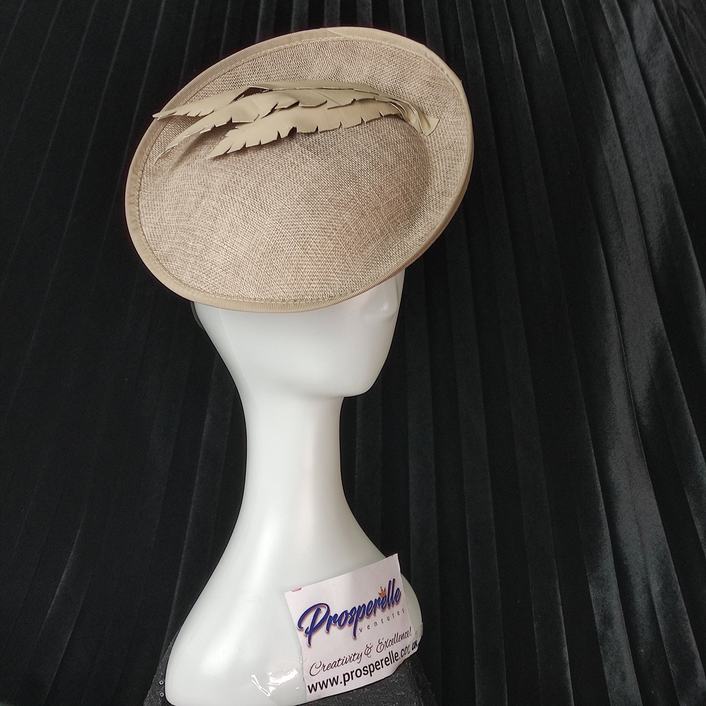 Light Toffee Hat- Medium Turn Up Brim with Faux Leather Feather design- Wedding Hat