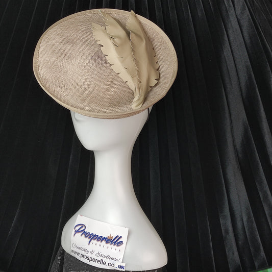 Light Toffee Hat- Medium Turn Up Brim with Faux Leather Feather design- Wedding Hat
