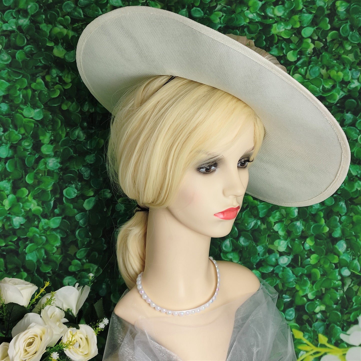 Ivory silk abaca statement Hat, Ivory cream hat for weddings, ascot hat, Ivory fascinator hats for women, wide brim occasion hat