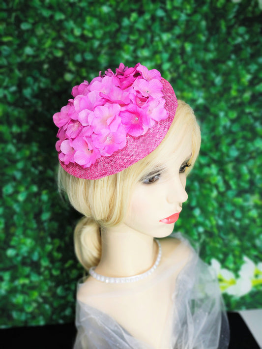 Pink Derby statement Hat, Vintage style cocktail hat, Pink hat for weddings, ascot hat, pink fascinator hats for women, floral occasion hat