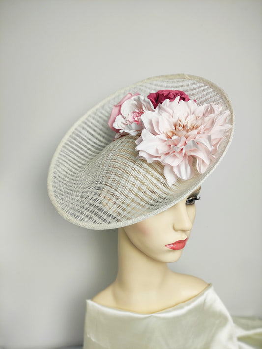 Ivory hat elegant ,mother of the bride hat ,royal ascot hat, Ivory flower hatinator