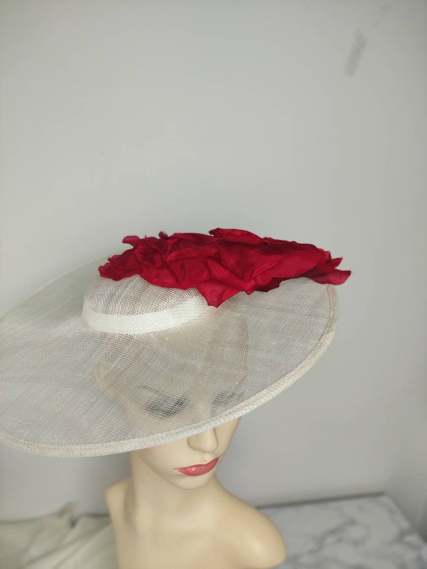 Ivory Hat Red Silk Flower, Mother of the Bride Hat, Kentucky derby Hat, Wedding Hat, Occasion Hat, Wedding Hat