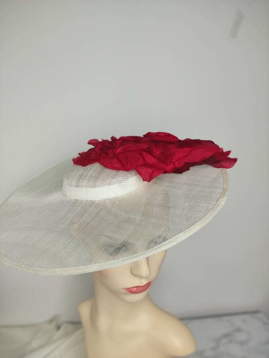 Ivory Hat Red Silk Flower, Mother of the Bride Hat, Kentucky derby Hat, Wedding Hat, Occasion Hat, Wedding Hat