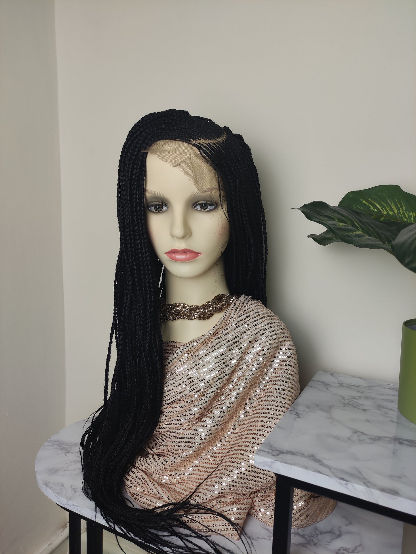 Frontal Ghana Weaving wig black and braids 34 inches, Ready to ship braids wig