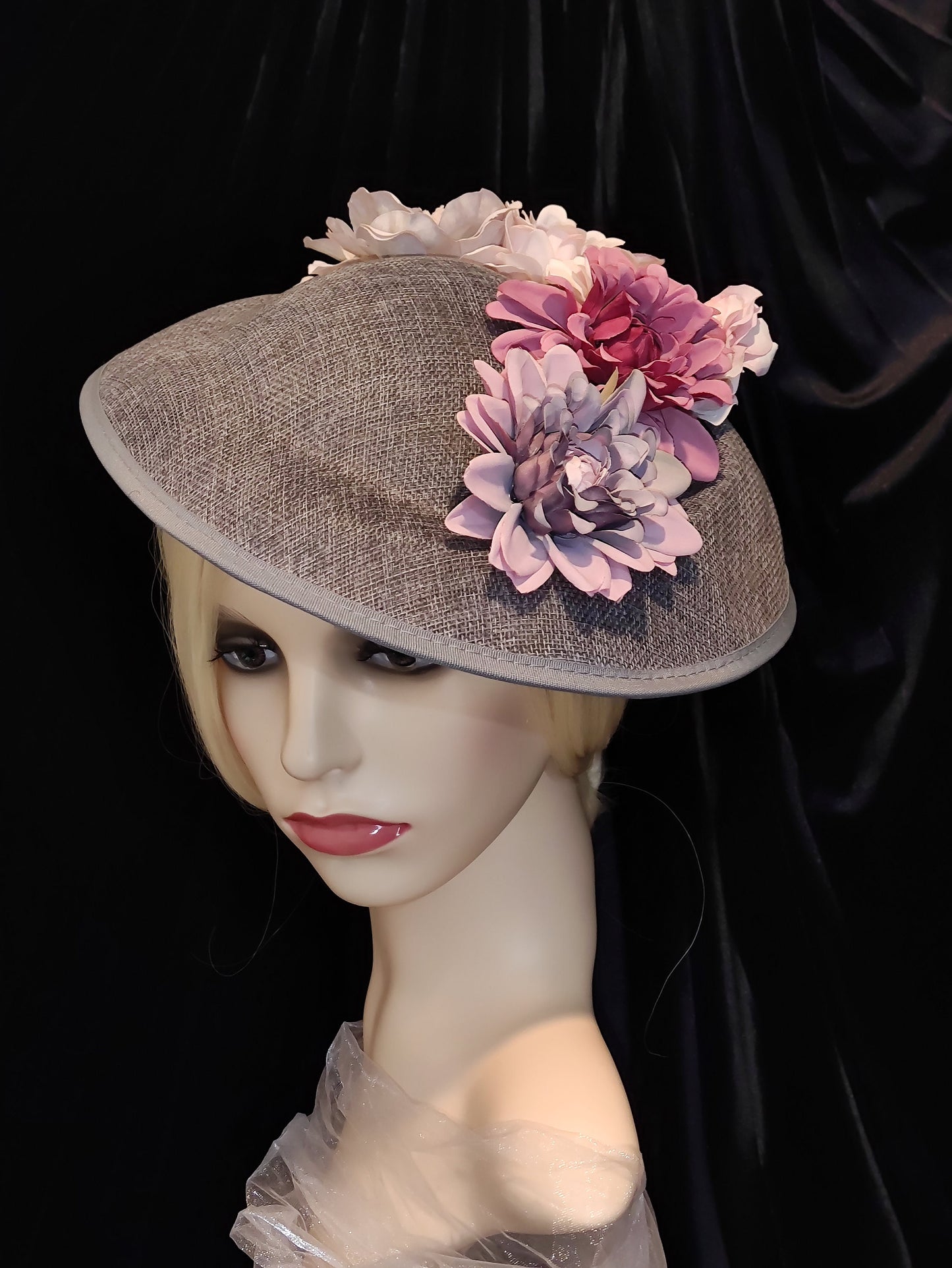 Grey Occasion Hat with Flowers , Wedding Hat