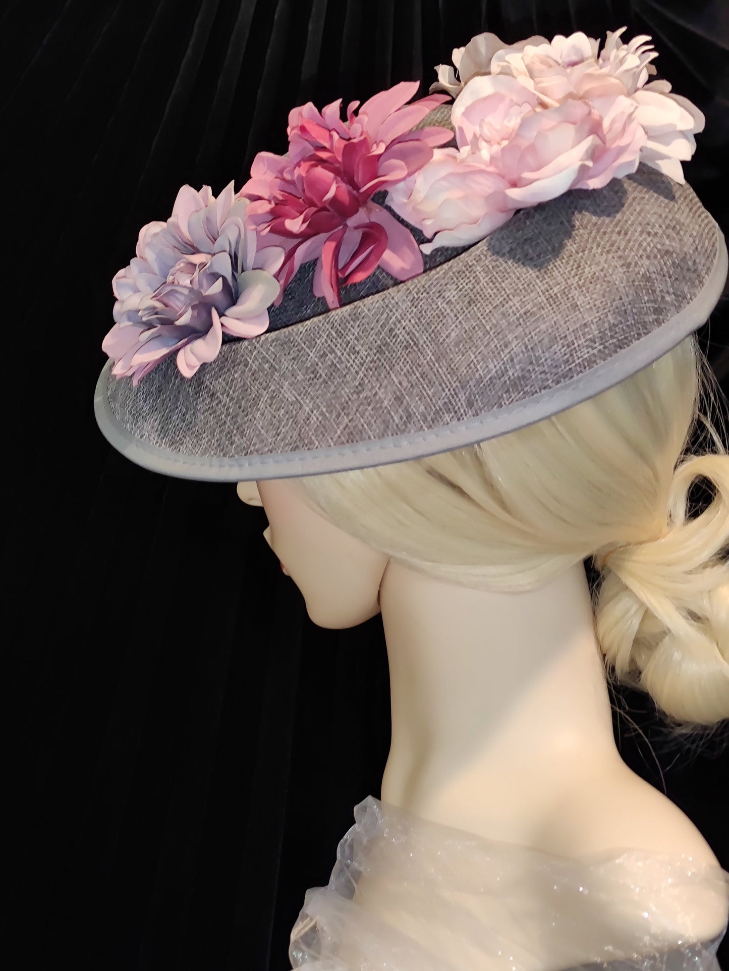 Grey Occasion Hat with Flowers , Wedding Hat