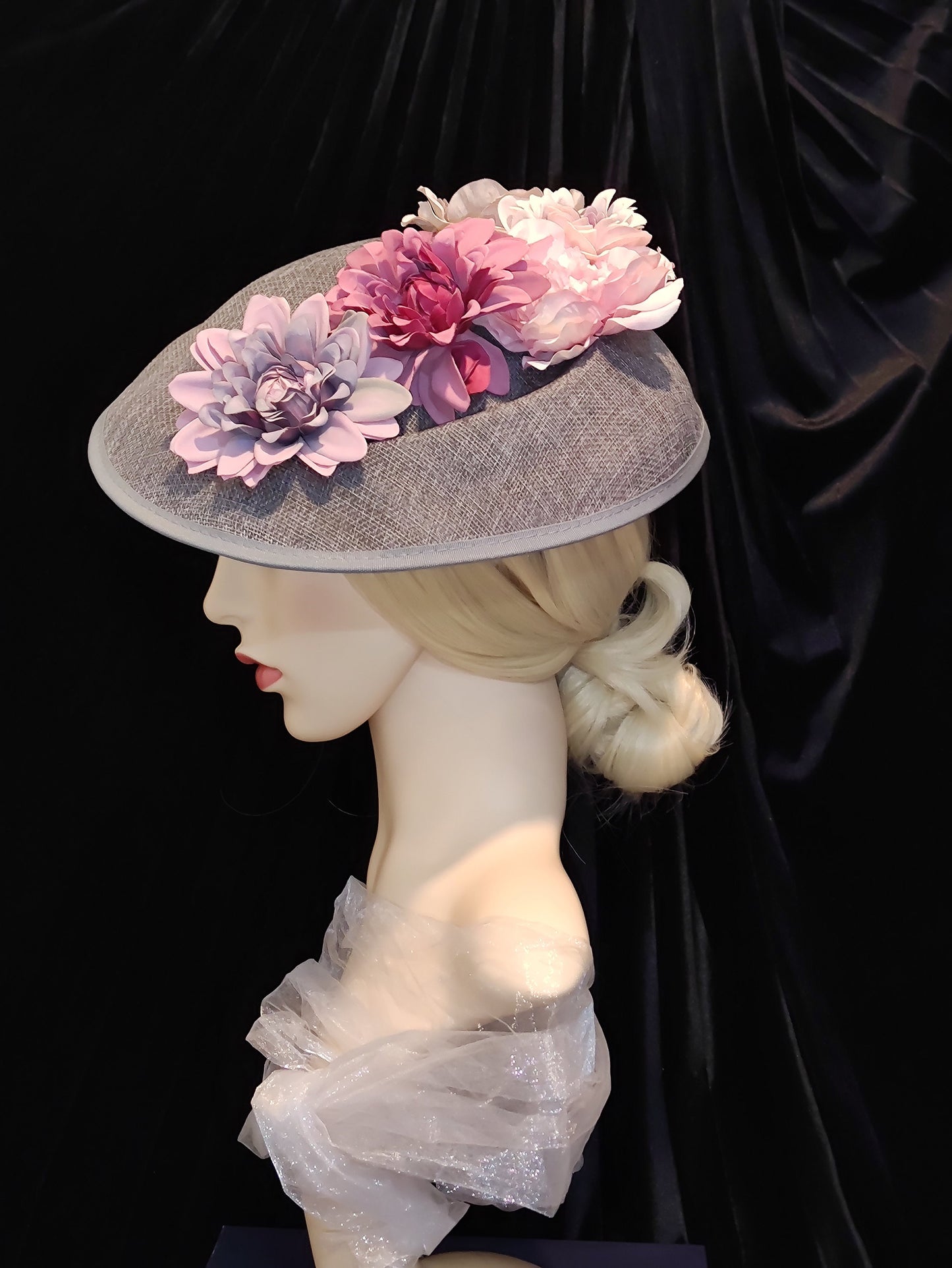 Grey Occasion Hat with Flowers , Wedding Hat