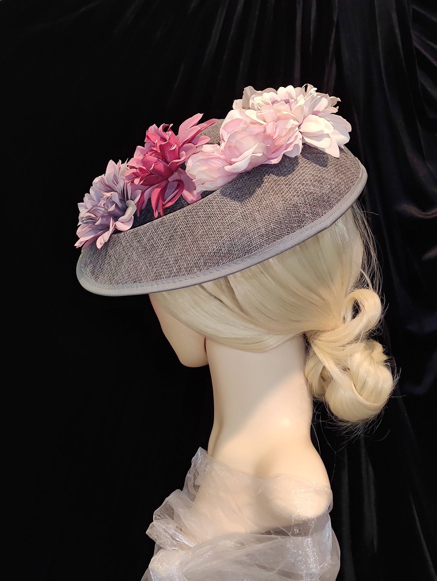 Grey Occasion Hat with Flowers , Wedding Hat