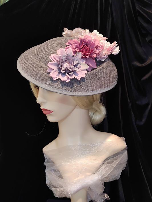 Grey Occasion Hat with Flowers , Wedding Hat