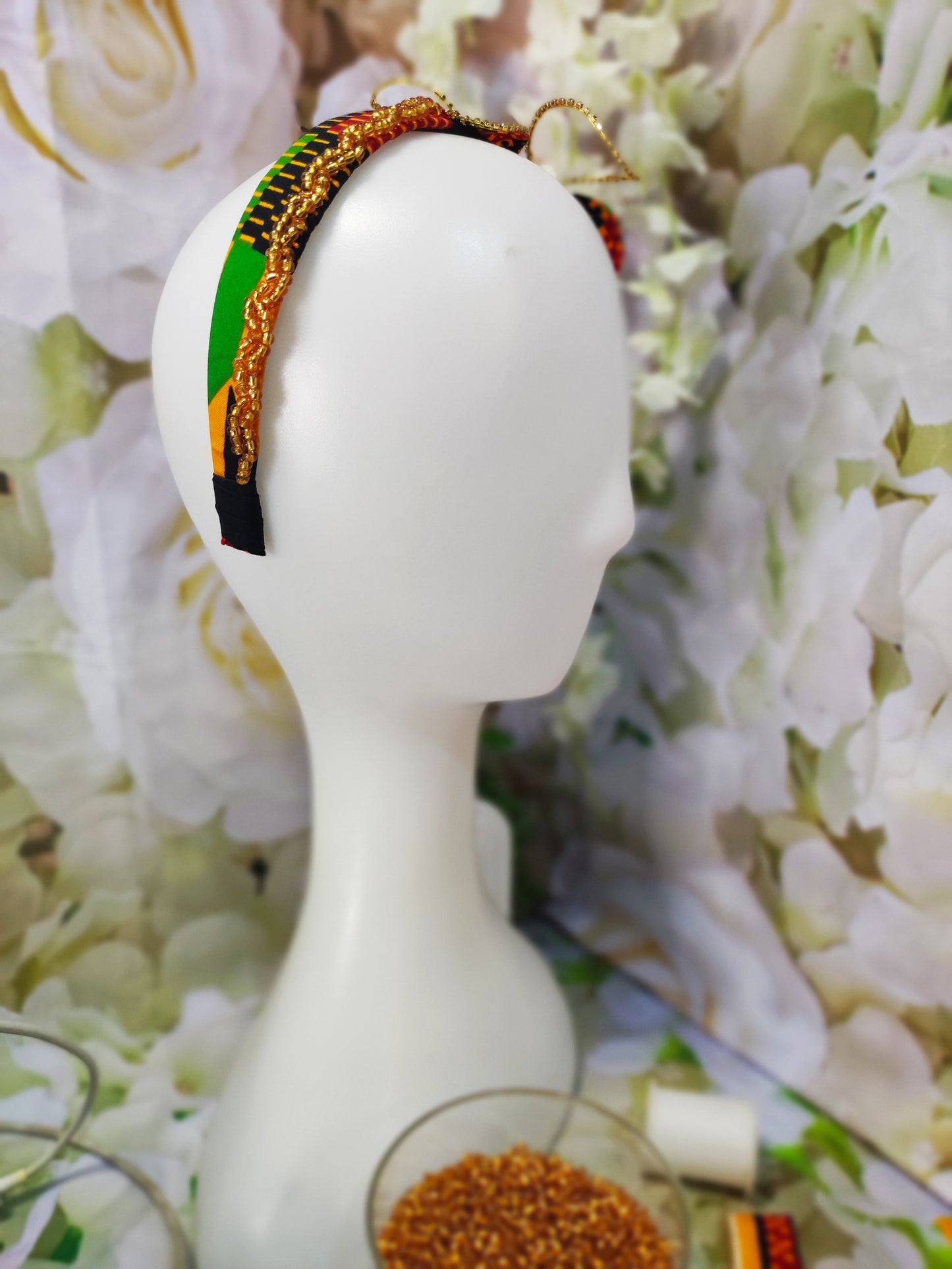 Handmade Kente Beaded Headband, Rhinestone Flower Fascinator, African Print Hair Accessory