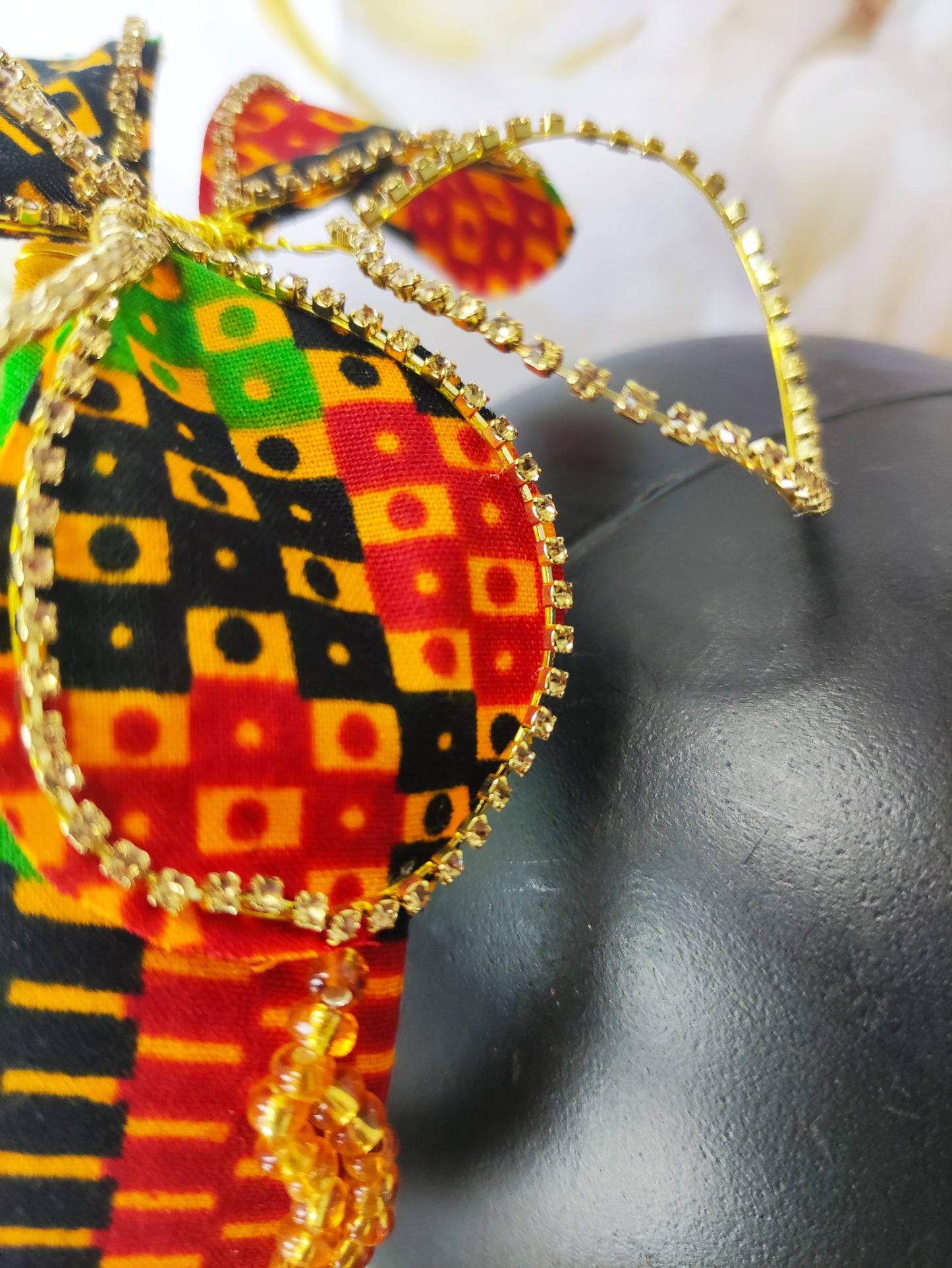 Handmade Kente Beaded Headband, Rhinestone Flower Fascinator, African Print Hair Accessory
