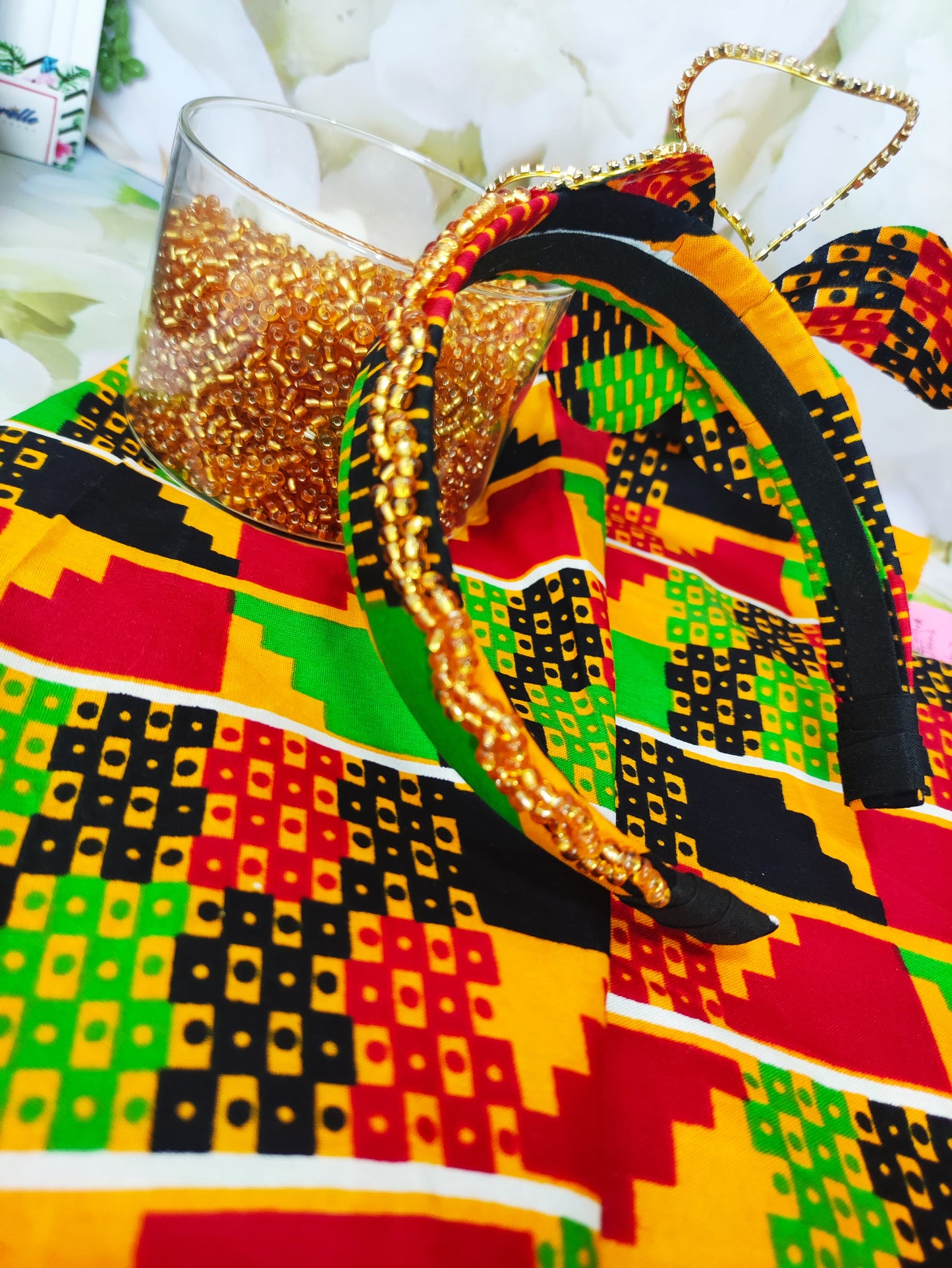 Handmade Kente Beaded Headband, Rhinestone Flower Fascinator, African Print Hair Accessory