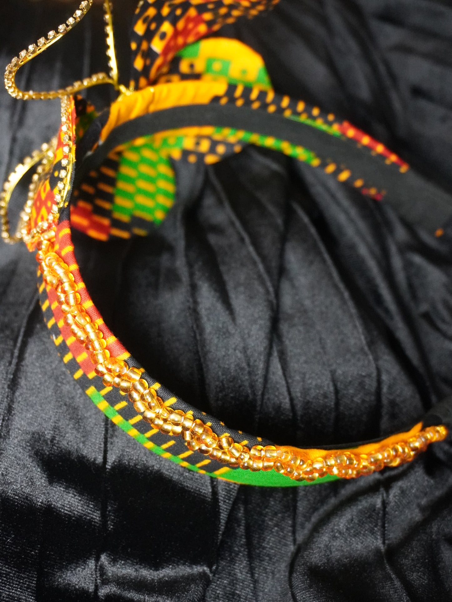 Handmade Kente Beaded Headband, Rhinestone Flower Fascinator, African Print Hair Accessory