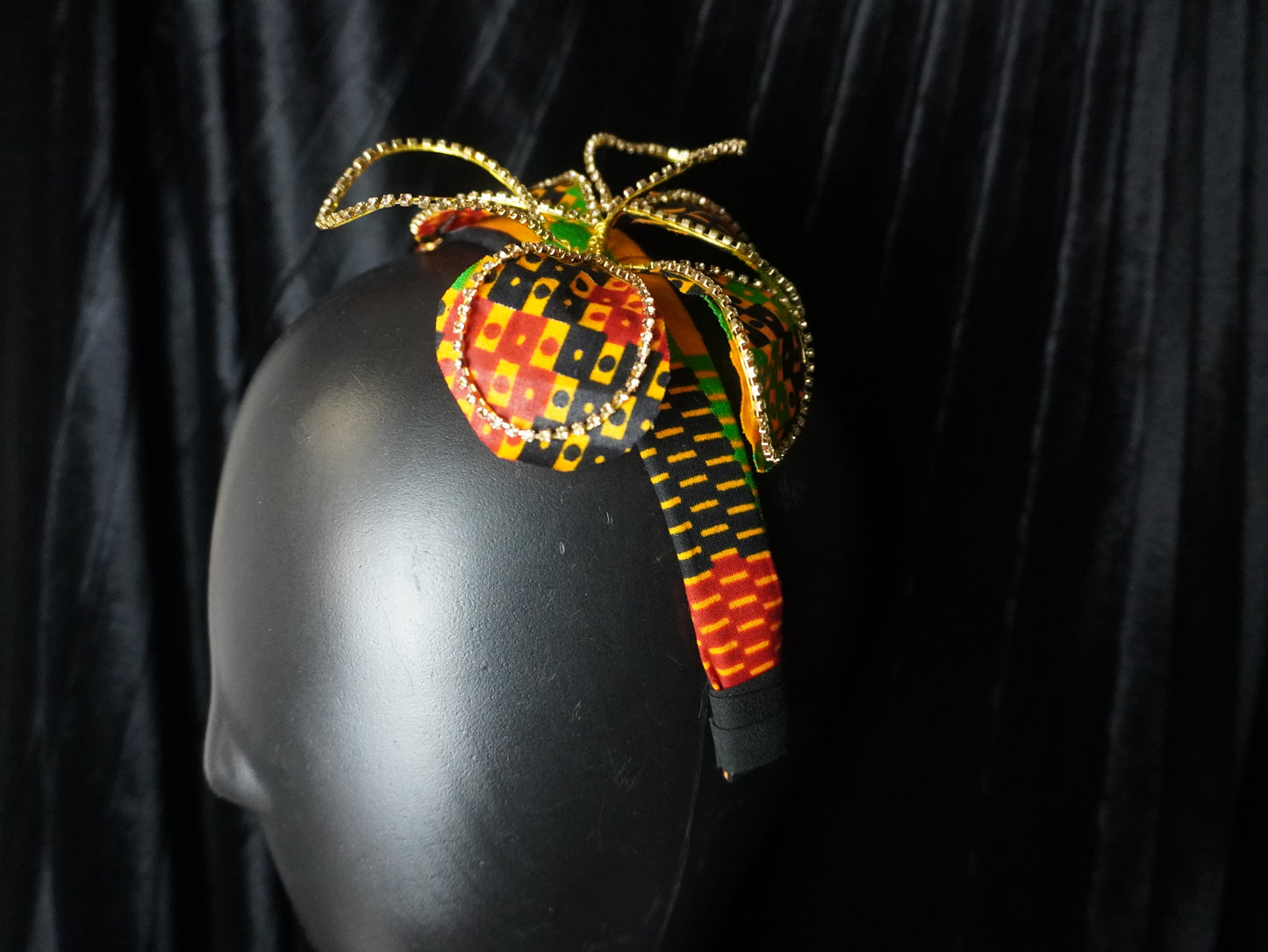 Handmade Kente Beaded Headband, Rhinestone Flower Fascinator, African Print Hair Accessory