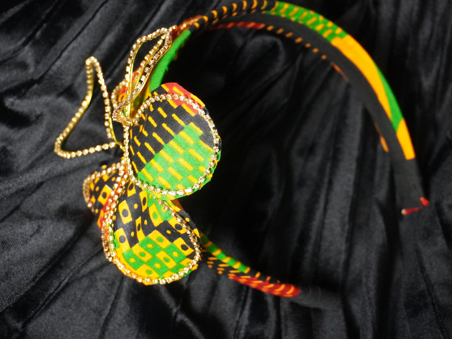 Handmade Kente Beaded Headband, Rhinestone Flower Fascinator, African Print Hair Accessory