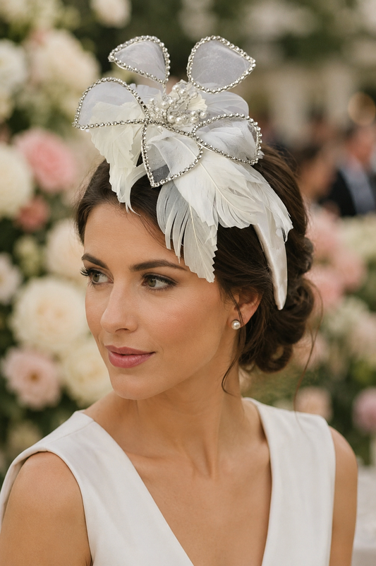 A woman wearing a large white feather fascinator headpiece with rhinestone trim and a white sleeveless dress, photographed outdoors in front of a blurred floral background.