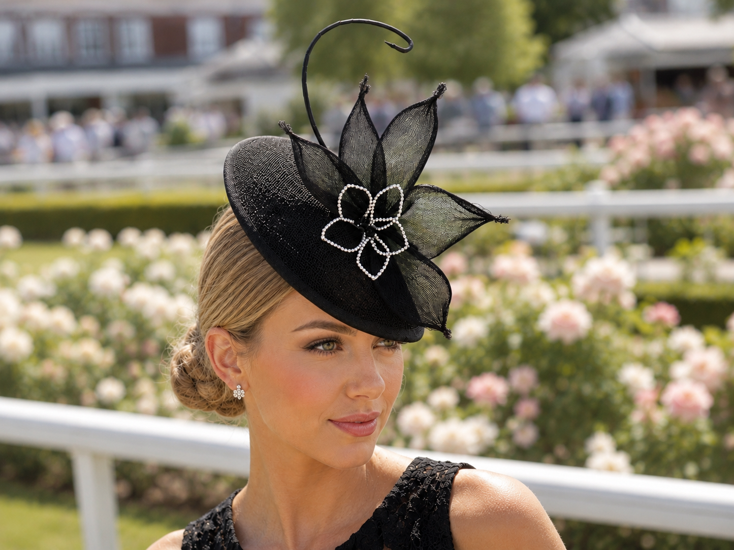 A woman outdoors wearing a black fascinator hat with a sheer black leaf detail and a white-and-black floral embellishment, photographed in front of a blurred garden and racecourse background.