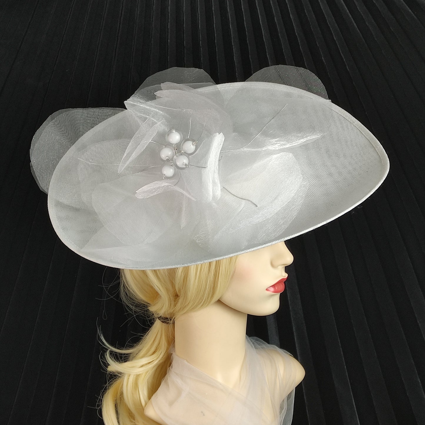 White sinamay hat wide brim mother of the bride hat , no feather hat, white flower hatinator