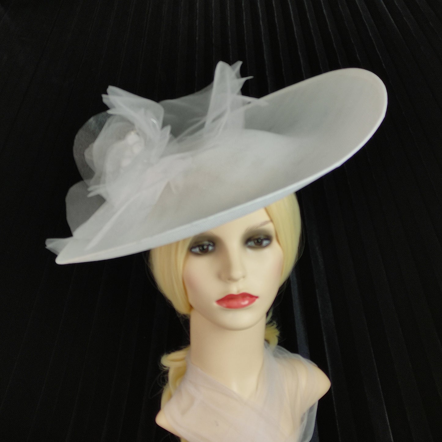 White sinamay hat wide brim mother of the bride hat , no feather hat, white flower hatinator