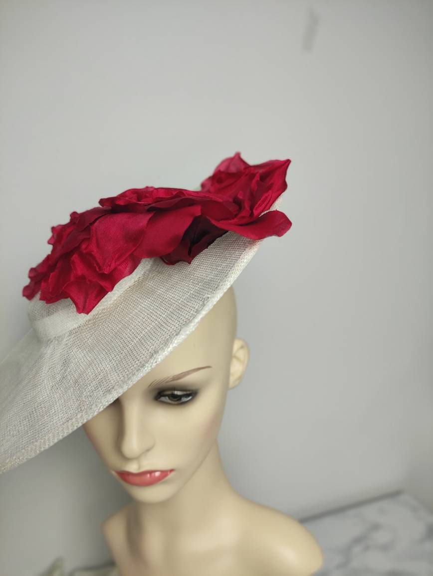 Ivory Hat Red Silk Flower, Mother of the Bride Hat, Kentucky derby Hat, Wedding Hat, Occasion Hat, Wedding Hat