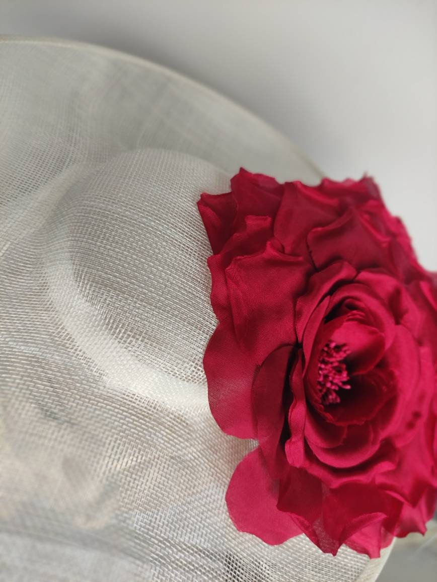 Ivory Hat Red Silk Flower, Mother of the Bride Hat, Kentucky derby Hat, Wedding Hat, Occasion Hat, Wedding Hat