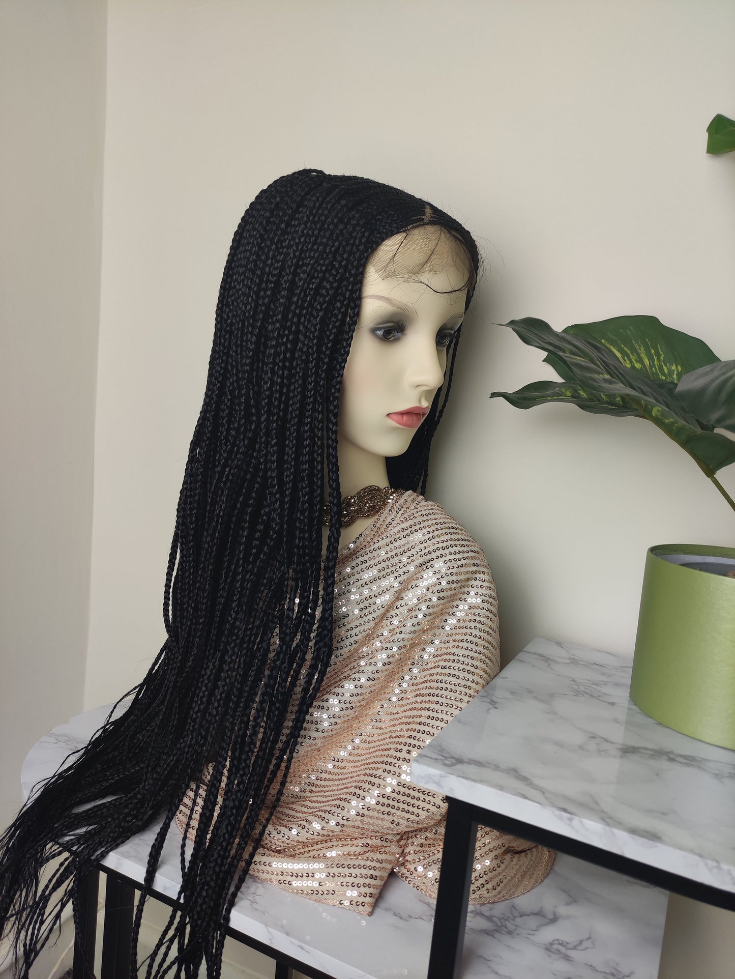 Frontal Ghana Weaving wig black and braids 34 inches, Ready to ship braids wig